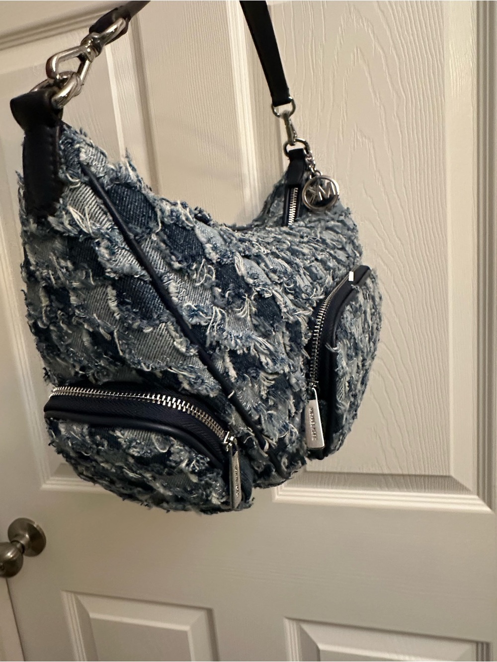 Michael Kors Denim Patchwork Shoulder Bag in Blue and Navy - Picture 2 of 15